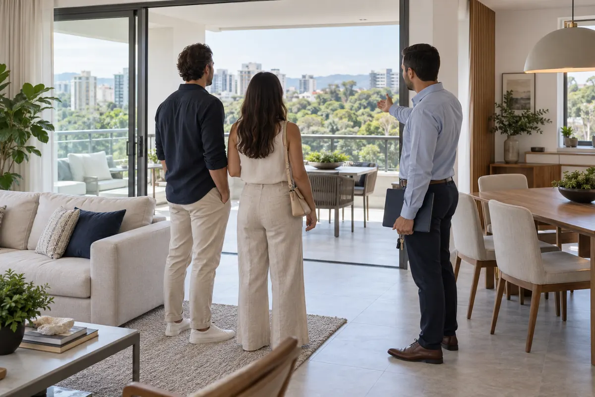 Cena ilustrativa de um casal conhecendo um apartamento acompanhado por um corretor